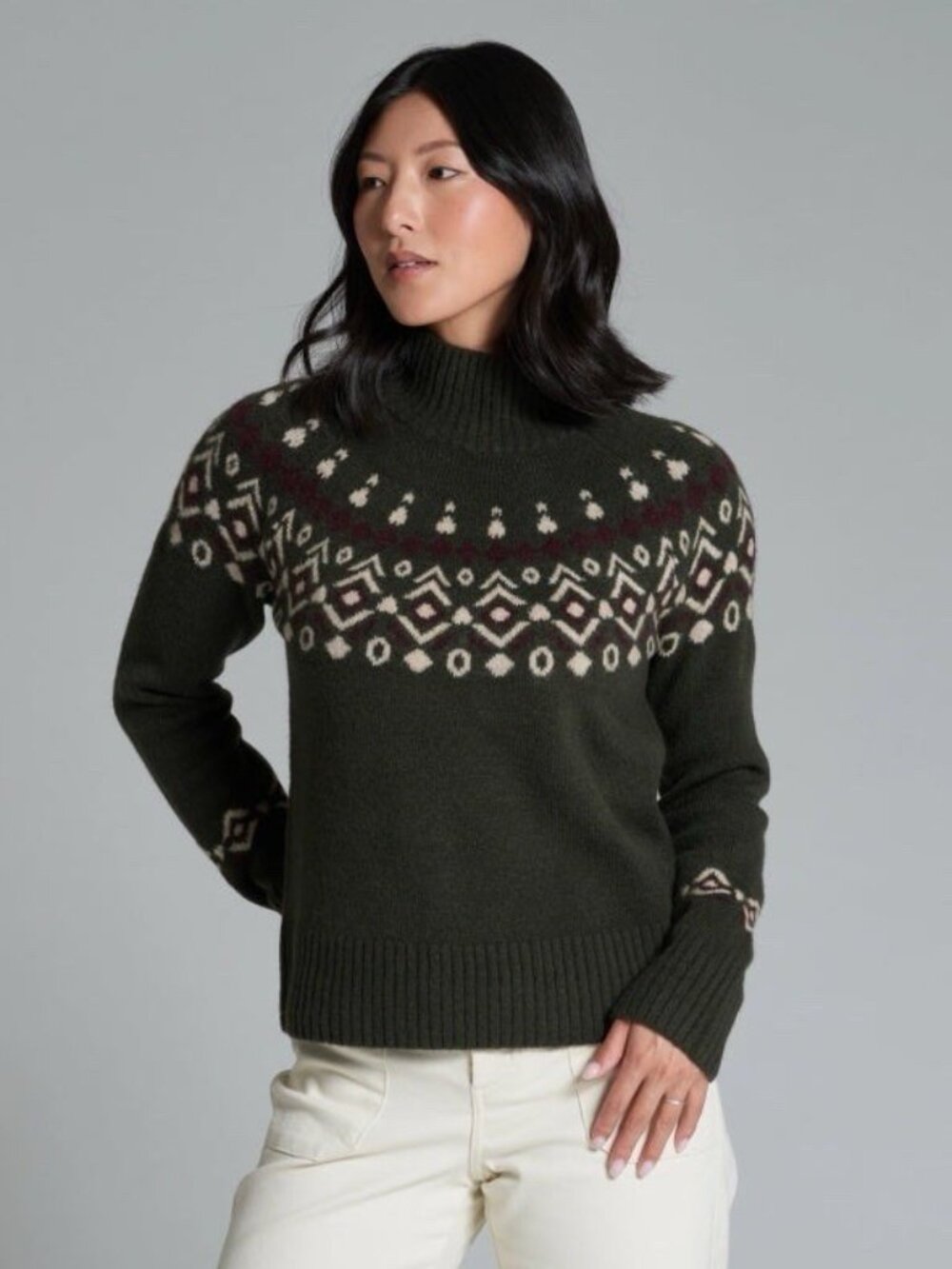 Kuhl Women's Alpina Sweater Merino Wool Blend Vine Green Mock Neck Fairisle Sz M